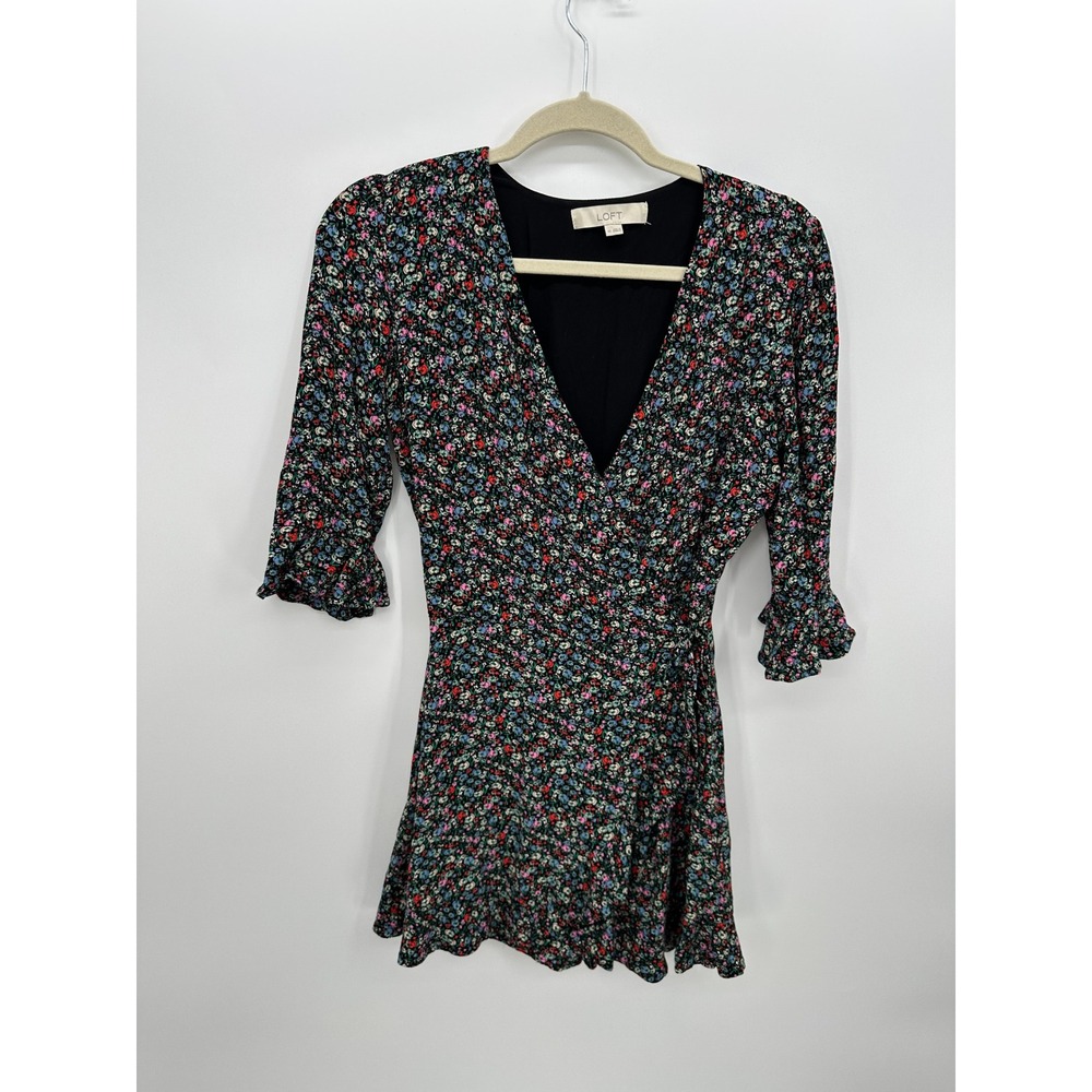 LOFT Floral Wrap Mini‎ Dress XS Cottagecore Coquette Milkmaid Rayon